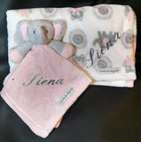 Personalized pink elephant lovey and blanket 2-piece set, Christmas gift, custom baby shower gift, new baby girl gift, Valentine's day gift