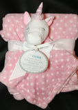 personalized pink polka dot unicorn lovey and blanket 2-piece set, custom embroidered new baby girl gift, baby shower gift, Valentine gift