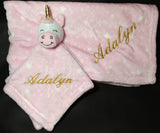 pink unicorn lovey security blanket 2-piece set, custom personalized embroidered new baby gift, adoption gift, birthday gift, Easter gift