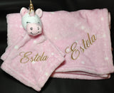 pink unicorn lovey security blanket 2-piece set, custom personalized embroidered new baby gift, adoption gift, birthday gift, Easter gift