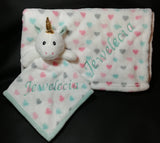 Personalized Mint green unicorn lovey security blanket and regular fleece blanket 2 - piece set, custom embroidered new baby gift, Christmas