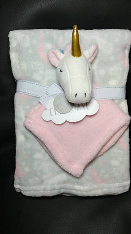 personalized pink unicorn lovey security blanket and fleece blanket 2-piece set, custom new baby girl shower gift, Christmas gift