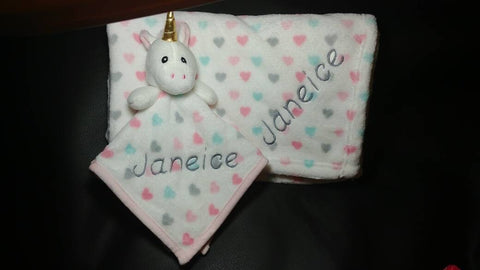 Personalized baby pink unicorn lovey security blanket and fleece blanket 2-piece set custom embroidered baby shower gift, adoption gift