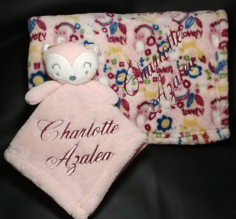 personalized baby girl fox blanket and lovey set, embroidered custom new baby gift, Christmas gift, baby shower gift, woodland animal nurser