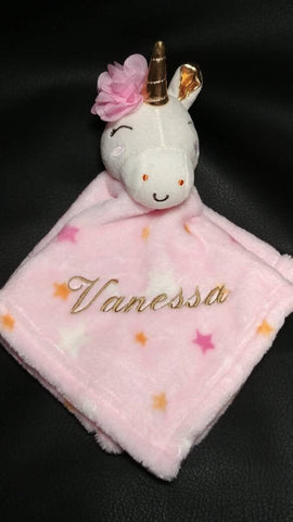 pink unicorn stuffed plush lovey, animal security blanket, new baby gift, personalized embroidered baby blanket, Easter gift, baby shower