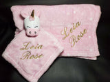 pink unicorn lovey security blanket 2-piece set, custom personalized embroidered new baby gift, adoption gift, birthday gift, Easter gift