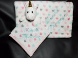 Personalized baby pink unicorn lovey security blanket and fleece blanket 2-piece set custom embroidered baby shower gift, adoption gift