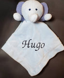 personalized blue elephant lovey security blanket, custom embroidered baby shower gift, new baby gift, birthday gift, Valentine's day gift