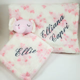 personalized pink elephant animal lovey security blanket and regular fleece blanket 2-piece set, Custom embroidered new baby gift, Christmas