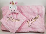 pink unicorn lovey security blanket 2-piece set, custom personalized embroidered new baby gift, adoption gift, birthday gift, Easter gift