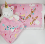 personalized pink unicorn lovey security blanket 2-piece gift set, custom embroidered new baby shower gift, birthday gift, Christmas gift