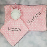 personalized pink polka dot unicorn lovey and blanket 2-piece set, custom embroidered new baby girl gift, baby shower gift, Valentine gift