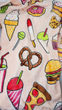 personalized snack food throw blanket with pizza, hamburger, pretzel, ice cream, cookie, cupcake, and other foods, Valentine / birthday gift