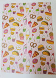 personalized snack food throw blanket with pizza, hamburger, pretzel, ice cream, cookie, cupcake, and other foods, Valentine / birthday gift