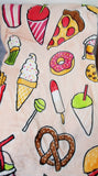 personalized snack food throw blanket with pizza, hamburger, pretzel, ice cream, cookie, cupcake, and other foods, Valentine / birthday gift