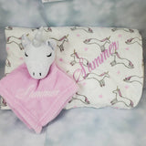 personalized pink unicorn lovey security blanket 2-piece set, custom embroidered baby girl shower gift, Christmas gift, unicorn nursery