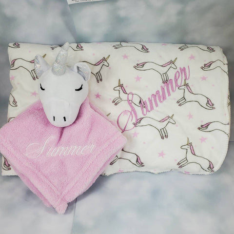 personalized pink unicorn lovey security blanket 2-piece set, custom embroidered baby girl shower gift, Christmas gift, unicorn nursery