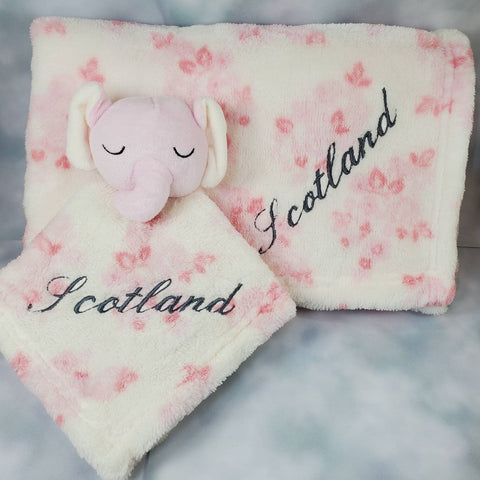 personalized pink elephant animal lovey security blanket and regular fleece blanket 2-piece set, Custom embroidered new baby gift, Christmas