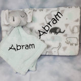 personalized baby blanket, green elephant animal lovey security blanket and fleece blanket 2-piece set, custom baby shower gift, Christmas