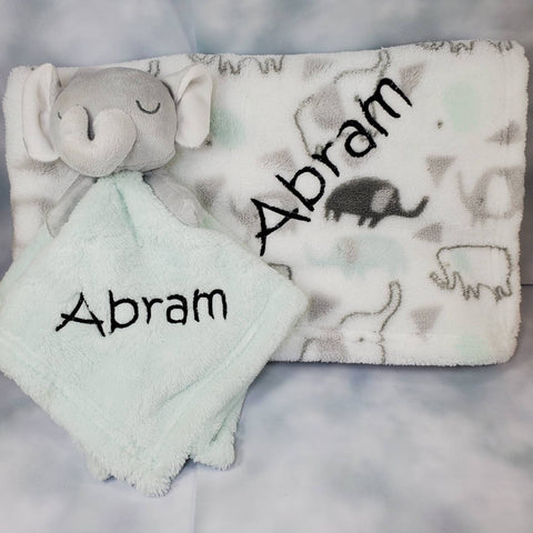 personalized baby gift, green elephant animal lovey security blanket and fleece blanket 2-piece set, custom baby shower gift, Christmas gift