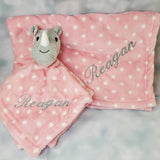 Custom personalized pink polka dot hippo 2-piece lovey/blanket set, baby shower gift, new baby gift, Christmas gift, baby girl gift