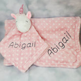 personalized pink polka dot unicorn lovey and blanket 2-piece set, custom embroidered new baby girl gift, baby shower gift, Valentine gift
