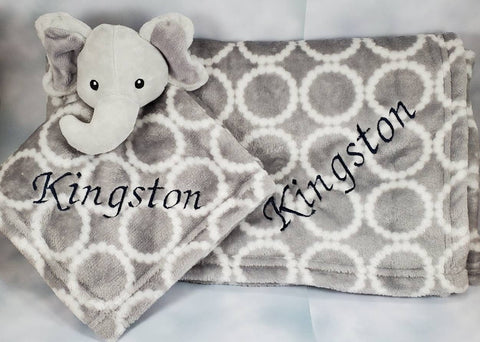 grey elephant lovey blanket and regular blanket 2-piece set, custom personalized monogrammed embroidered new baby shower gift, Christmas gif