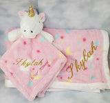 personalized pink unicorn lovey security blanket 2-piece gift set, custom embroidered new baby shower gift, birthday gift, Christmas gift