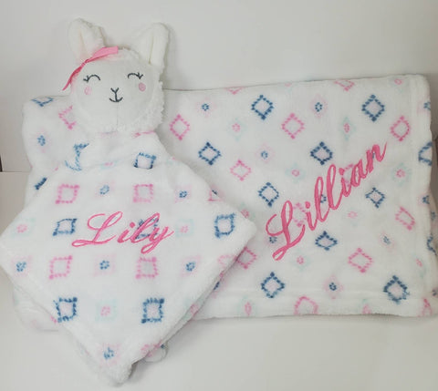 llama lovey security blanket and regular fleece blanket 2-piece set, Custom personalized embroidered baby gift, Christmas gift, adoption