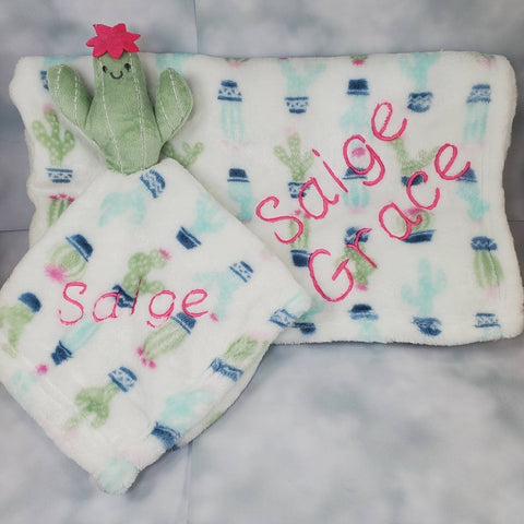 cactus lovey security blanket and regular fleece blanket 2-piece set, Custom personalized embroidered baby gift, Christmas gift, adoption