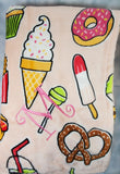personalized snack food throw blanket with pizza, hamburger, pretzel, ice cream, cookie, cupcake, and other foods, Valentine / birthday gift