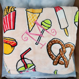 personalized snack food throw blanket with pizza, hamburger, pretzel, ice cream, cookie, cupcake, and other foods, Valentine / birthday gift