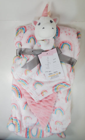 pink unicorn lovey security rainbow blanket 2-piece set, custom personalized embroidered new baby shower gift, birthday gift, Christmas gift