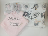 Personalized pink elephant lovey and blanket 2-piece set, Christmas gift, custom baby shower gift, new baby girl gift, Valentine's day gift