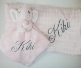 personalized baby pink elephant animal lovey security blanket and regular fleece blanket 2-piece set, Custom new baby gift, Easter gift