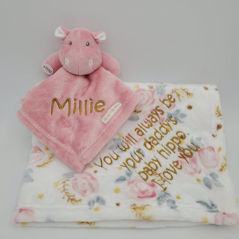 Custom personalized pink polka dot hippo 2-piece lovey/blanket set, baby shower gift, new baby gift, Christmas gift, baby girl gift