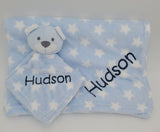 personalized baby blanket blue bear 2-piece set, Custom embroidered baby shower gift, monogrammed blanket, Christmas gift, Valentine's day