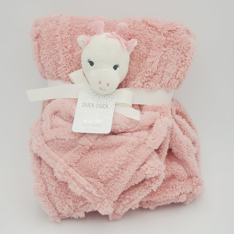 personalized pink giraffe lovey security blanket and regular fleece blanket 2-piece stuffed plush set custom embroidered baby shower gift