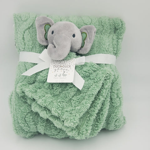 personalized green elephant animal lovey security blanket and fleece blanket 2-piece set, custom embroidered baby gift, new baby shower gift