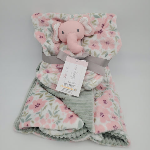 personalized pink elephant baby blanket, animal lovey security blanket and fleece blanket 2-piece set, Custom embroidered new baby gift