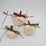 crochet pumpkins in a variety of fall colors with raffia and a cinnamon stick stem, fall table decorations, Thanksgiving decorations