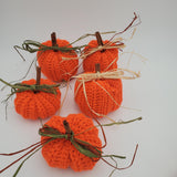 crochet pumpkins in a variety of fall colors with raffia and a cinnamon stick stem, fall table decorations, Thanksgiving decorations