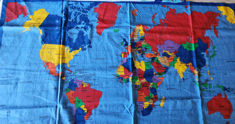 World map fabric panel with capitals and symbols, Fabric Traditions 1998, quality quilters cotton fabric, fun and educational travel map