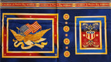 Americana fabric panel with eagles and other American symbols with a 3 1/2 inch blue star border added, wall hanging, quilt of valor