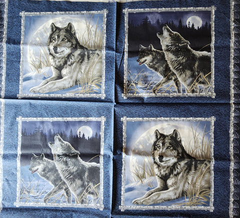 blue and grey wolf fabric panel, Hautman Courtesy of MHS licensing for VIP by Cranston, quality quilters cotton fabric, wildlife fabric