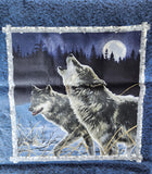 blue and grey wolf fabric panel, Hautman Courtesy of MHS licensing for VIP by Cranston, quality quilters cotton fabric, wildlife fabric