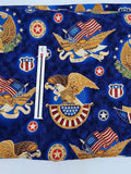 Americana fabric with eagles and other American symbols, Susan Stamiljo for Robert Kaufman People's House Screen Print D# 12043, valor quilt