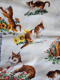 light yellow cat and flower fabric, Cat Nap by Yuko Hasegawa 2011 RJR quality quilters cotton fabric, sunflower fabric sold by the yard