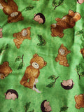 Popcorn the bear fabric, Bright Star characters ltd 2012 for Quilting Treasures, bear, hedgehog and cat green quality quilters cotton fabric