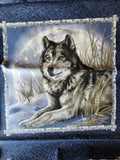 blue and grey wolf fabric panel, Hautman Courtesy of MHS licensing for VIP by Cranston, quality quilters cotton fabric, wildlife fabric